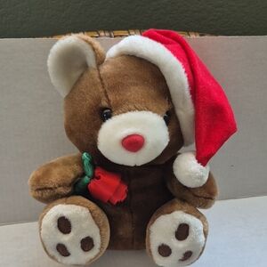 Festive Brown Stuffed Bear with Red Santa Hat